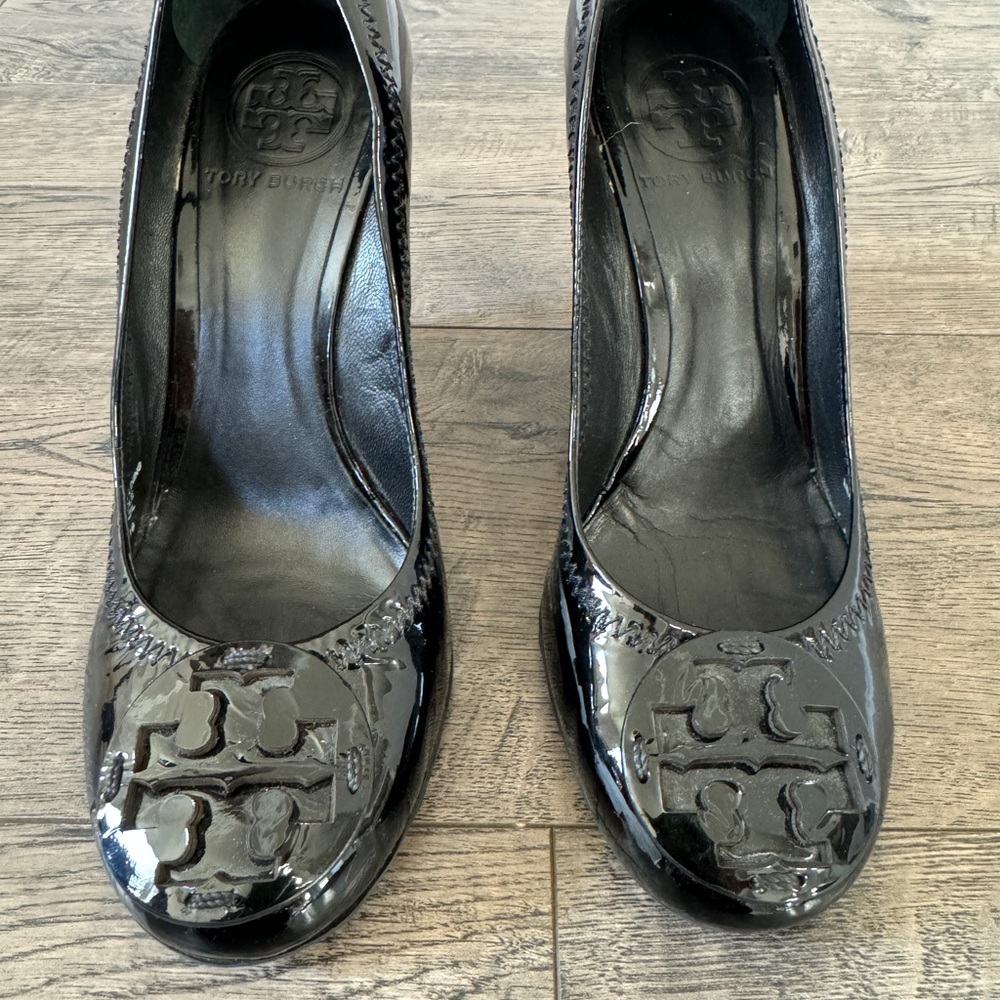 Tory Burch Black Patent Leather Wedge Pumps